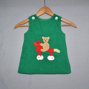 Vintage Corduroy Jumper Dress Size 2T Green w/ Teddy Bear & Toy Horse